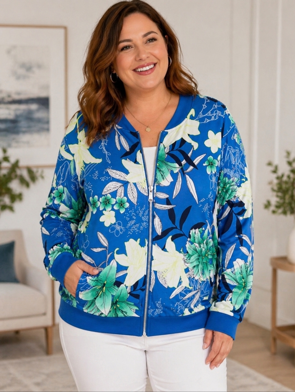 IMAN Global Chic Blue Floral Reversible Bomber Jacket 1X NWT‎ Stretch Knit
